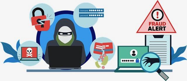 Image of various types of scams - from grabbing data to locking your laptop or stealing details of your credit cards or accounts